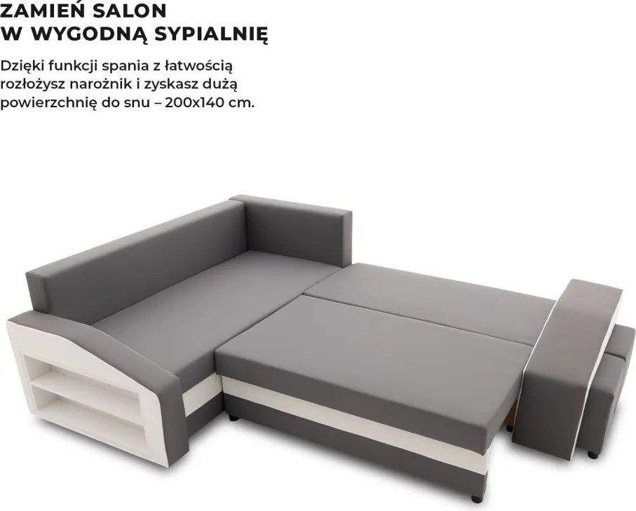 Grande sarokkanapé polcokkal és puffokkal , polc a bal karfaban puffok a jobb karfaban, baloldali, szövet anyag, hab töltet, szürke - fehér