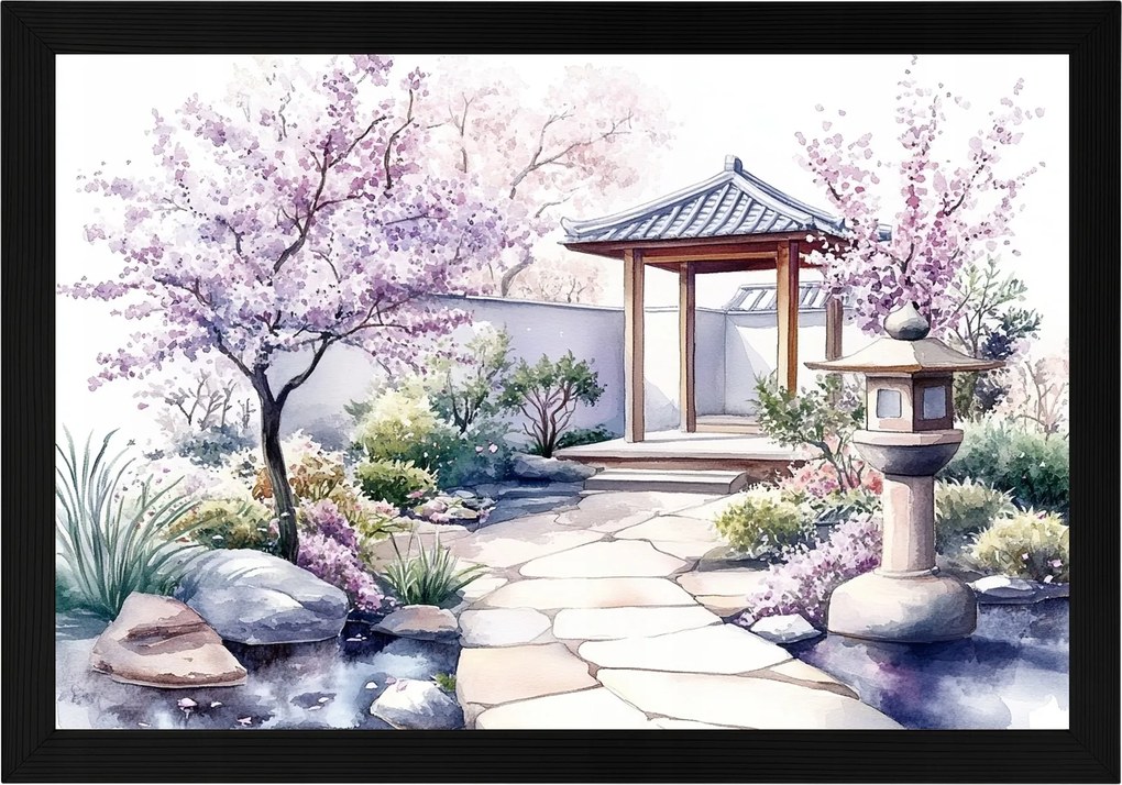 Poszter Keret Fa Akvarell Japán Kert Cseresznye Sakura Virágok 60x40