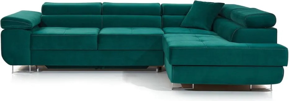 Zöld bársony kinyitható-tárolóhelyes sarokkanapé (jobb oldali-L alakú) Anton – ELTAP