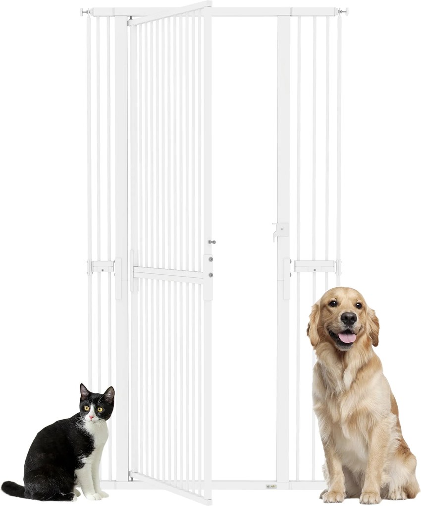 PawHut 180 cm magas állatbiztonsági kapu — állítható 76–104 cm szélesség, 3,5 cm pálcaköz, nyomásos vagy csavaros rögzítés, kézi zár, fehér | Aosom