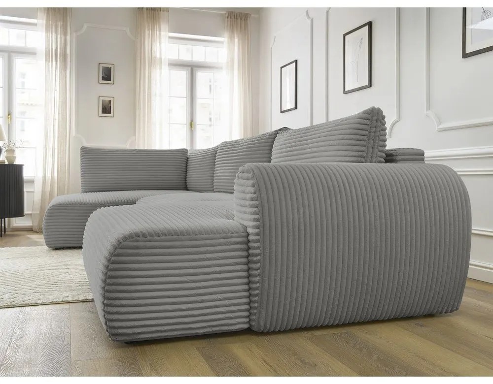 Sötétszürke kordbársony kinyitható-tárolóhelyes sarokkanapé (bal oldali-U alakú) Lucien – Bobochic Paris