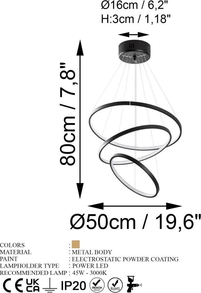 Simit 13697 fekete fém LED függőlámpa, 50 x 50 cm
