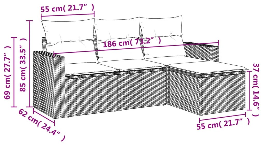 4 részes fekete polyrattan kerti ülőgarnitúra párnákkal