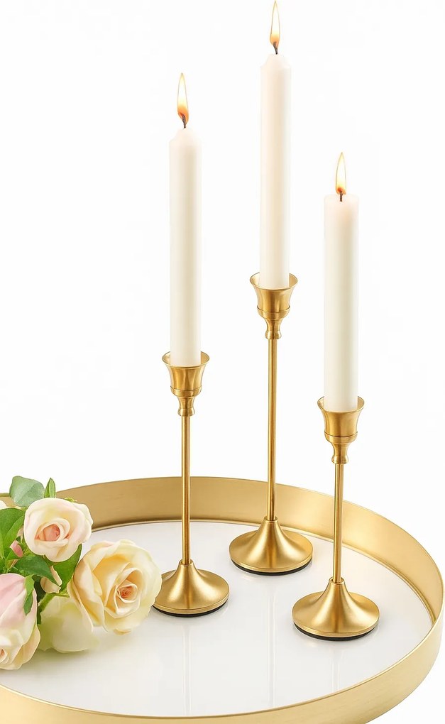 Arany csillogó gyertyatartók 3 db elegáns nappali dekoráció az asztalra