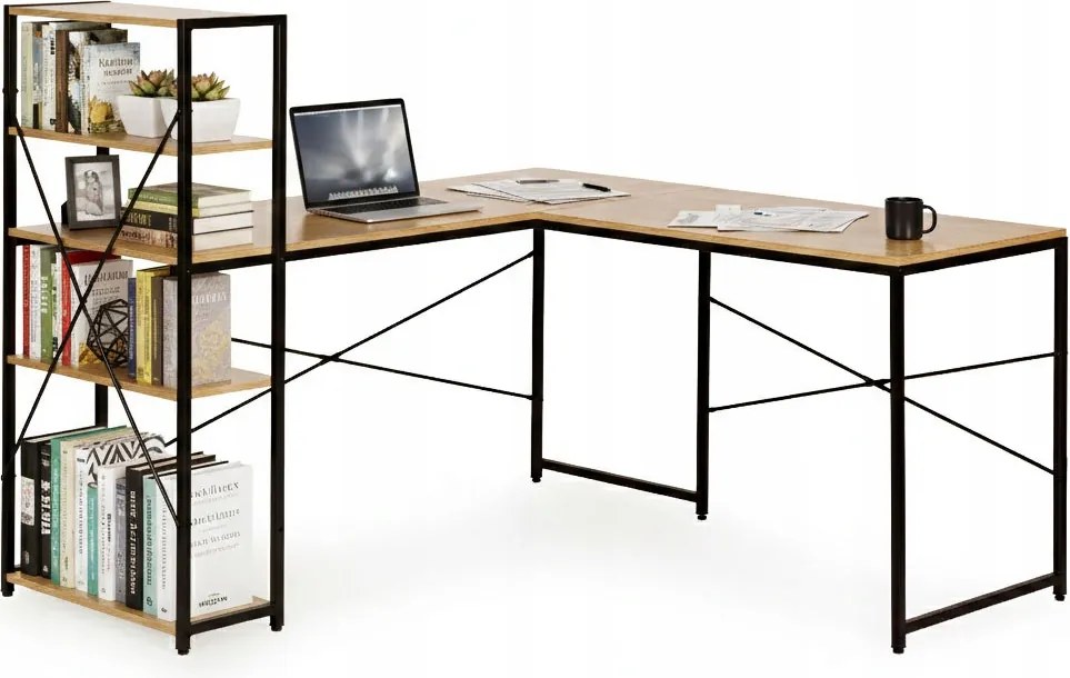 Sarok íróasztal polccal, 4 számítógép polccal, világos loft tölgy Modern