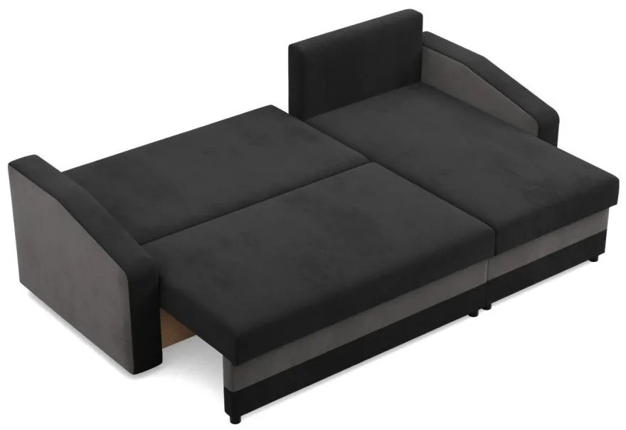 Hewlet sarokkanapé, 2 ágyneműtartóval, szövet anyag, univerzális oldal, bonell töltet, fekete - szürke