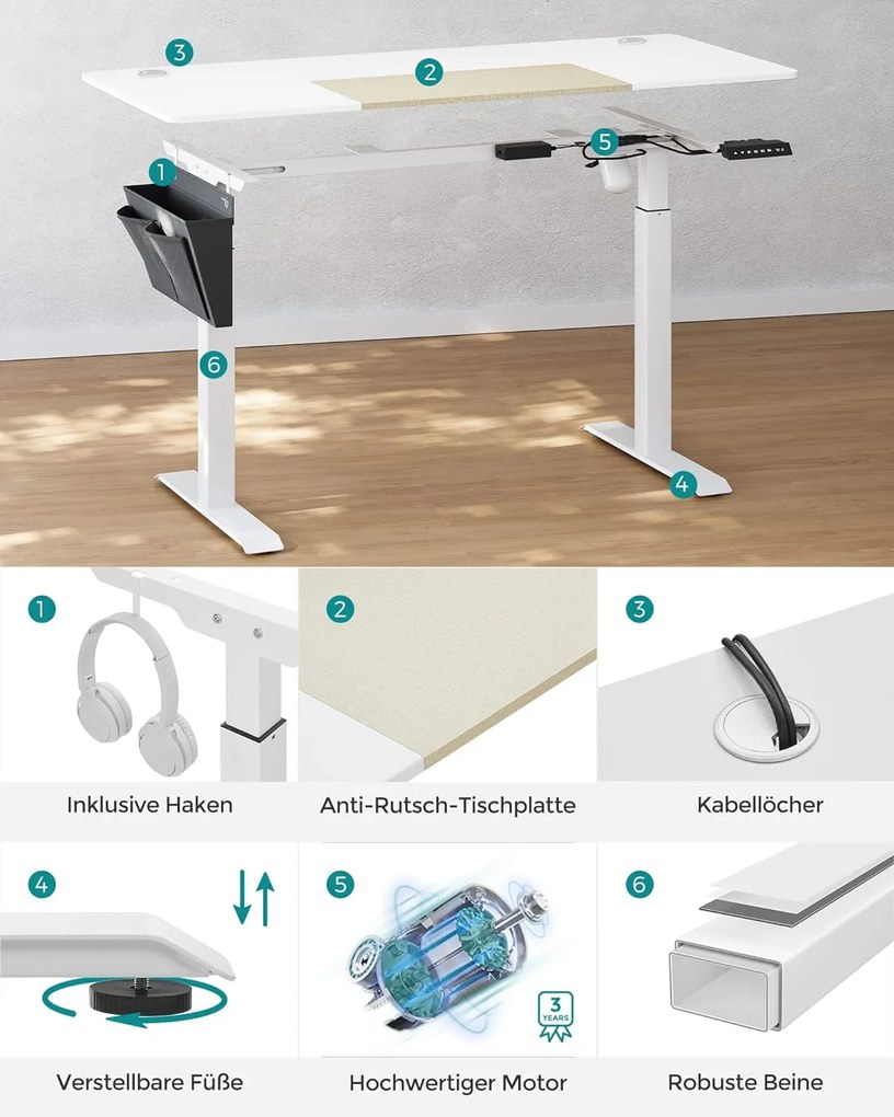 Állítható magasságú elektromos íróasztal, memória funkcióval, fehér