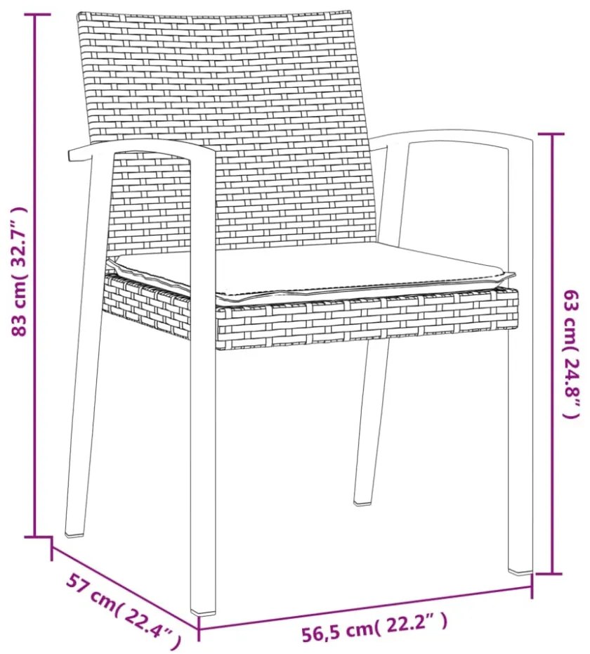 2 db fekete polyrattan kerti szék párnával 56,5 x 57 x 83 cm