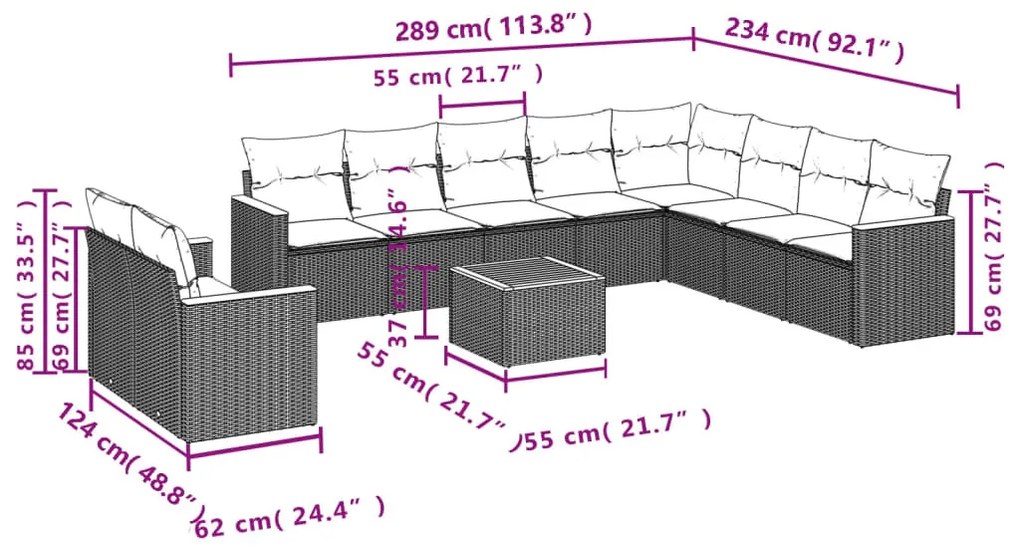 11 részes fekete polyrattan kerti ülőgarnitúra párnákkal