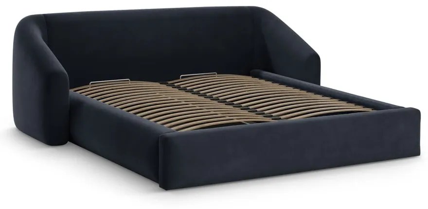 Sötétkék kárpitozott ágyneműtartós franciaágy ágyráccsal 200x200 cm Campi – Cosmopolitan Design