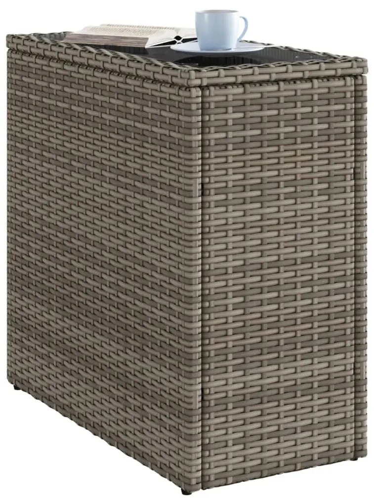 szürke polyrattan kerti kisasztal üveg lappal 58 x 27,5 x 55 cm