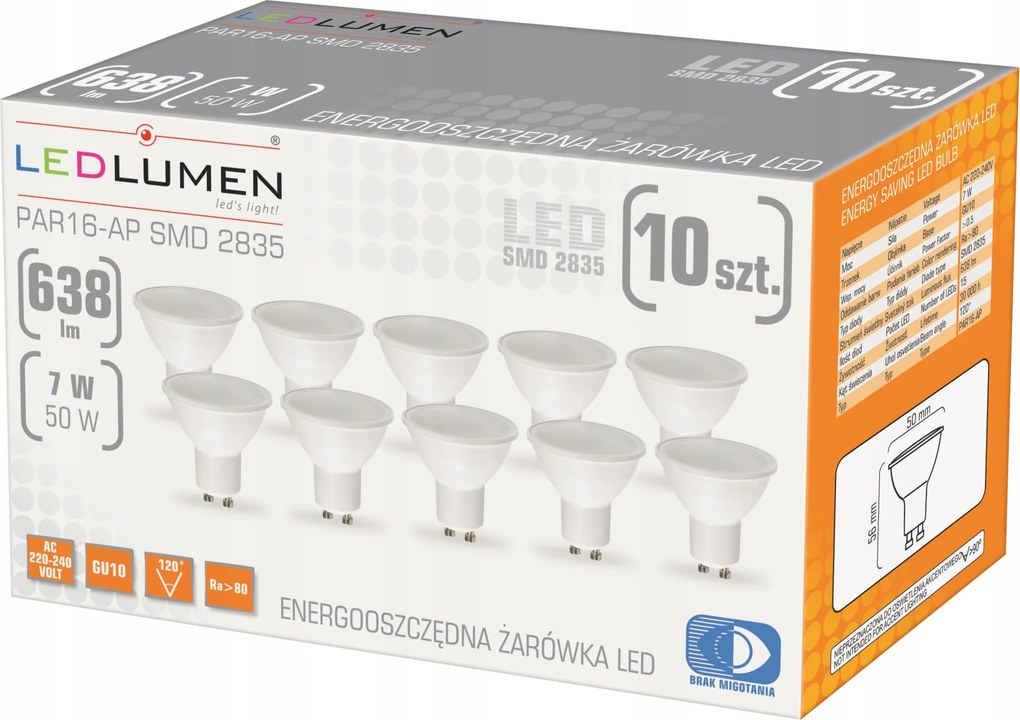 10 db-os Led izzó szett GU10 7W=50W Smd 638lm Prémium Nem villog Meleg 3000K