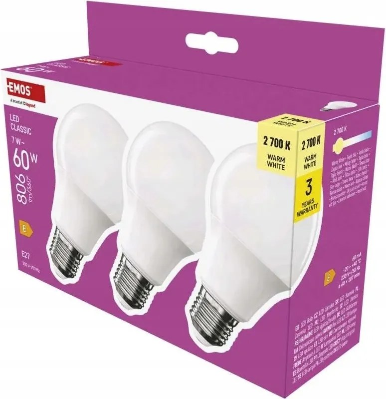 ZQ5E41.3 Led izzó A60 meleg hármas csomag 7W-60W 2700K 806lm 3 év Emos