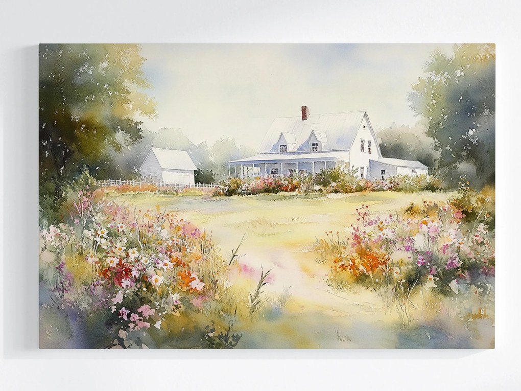 Vászonkép Canvas Tájkép Falu Ház Veranda Virágok Tavasz Nyár 60x40