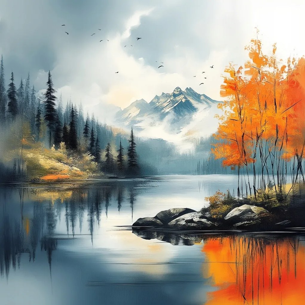 Canvas Vászonkép Tájkép Kanada Hegyek Erdő Tó Fjord Ősz 80x80