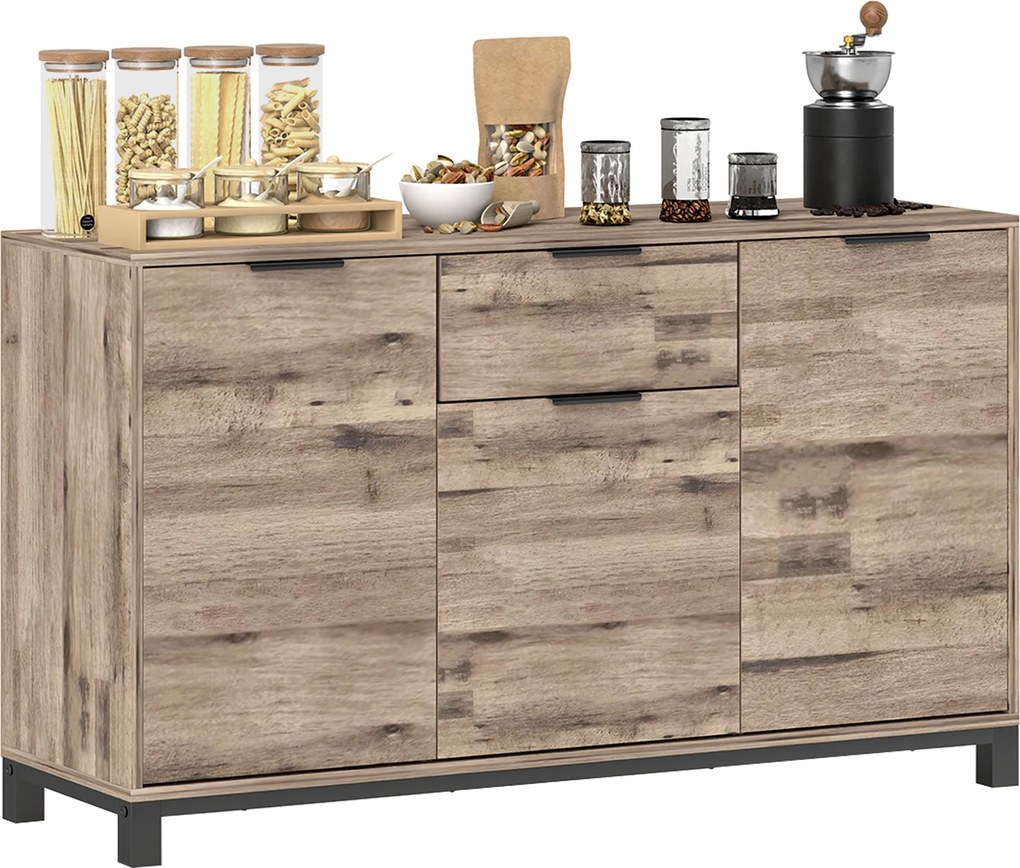 HOMCOM Nappali Szekrény, Oldalszekrény Fiókkal és 3 Szekrénnyel, Állítható Polcokkal, Ipari Stílusú Acél Lábakkal az Étkezőbe és Konyhába, 120x36.5x70