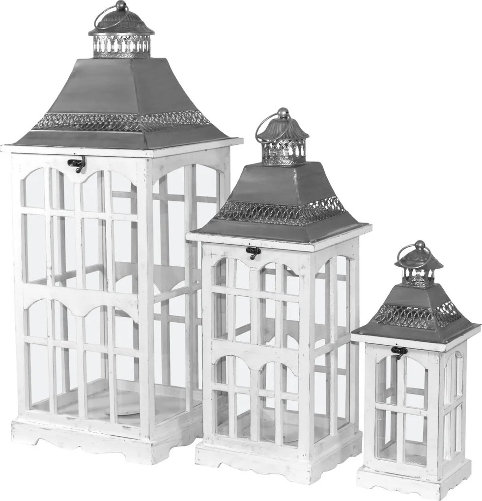 Grandiózus 3db-os koptatott üvegezett fehér fa mécsestartó lámpás lantern szett fém tetővel 80x32x32 / 63x24x24 / 44x16x16cm