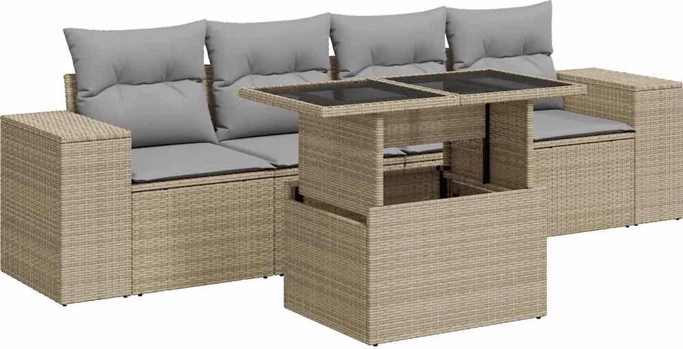 vidaXL 5 részes bézs polyrattan kerti ülőgarnitúra párnákkal