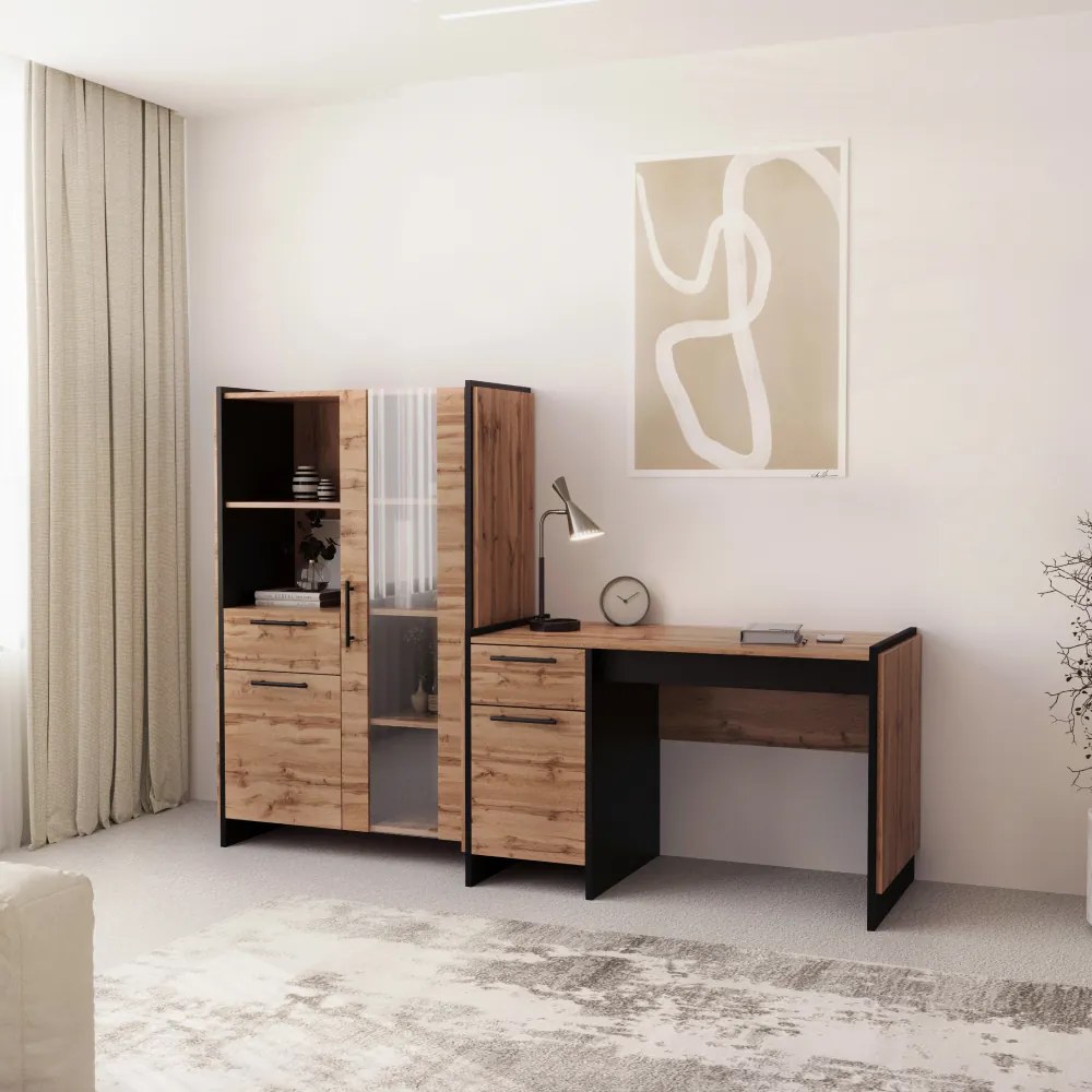 Alacsony vitrin, wotan tölgy/fekete, AMONI 1D1W1S