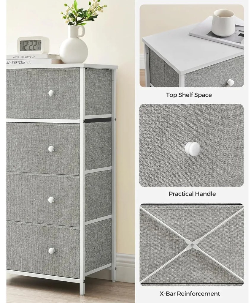 Tároló szekrény öt fiókkal, ruhás szekrény, fehér és világosszürke 30x56x93cm