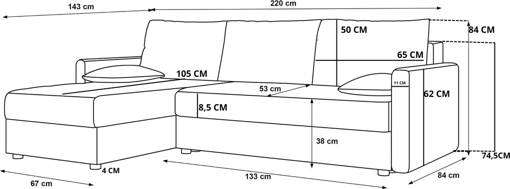 Kinyitható, kétoldalas L alakú ülőgarnitúra VENORIA 220x143 cm, púderrózsaszín + 2 díszpárna AJÁNDÉKBA