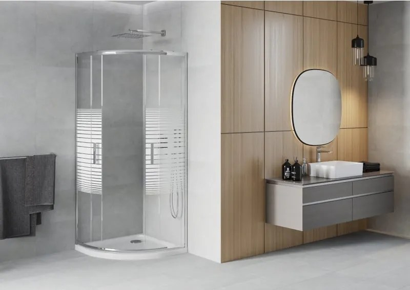Mexen Rio félköríves zuhanykabin 90 x 90 cm, fehér csíkok, króm + Flat zuhanytálca, fehér - 863-090-090-01-20-4110