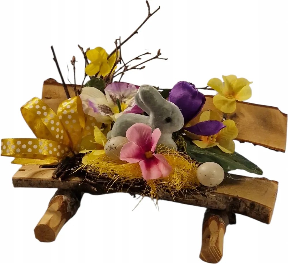Húsvéti nyuszi fa padon virágokkal