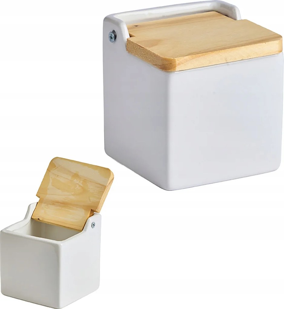 Tároló doboz Só Cukor fehér Kerámia Fa Fedél Zárható Sószóró