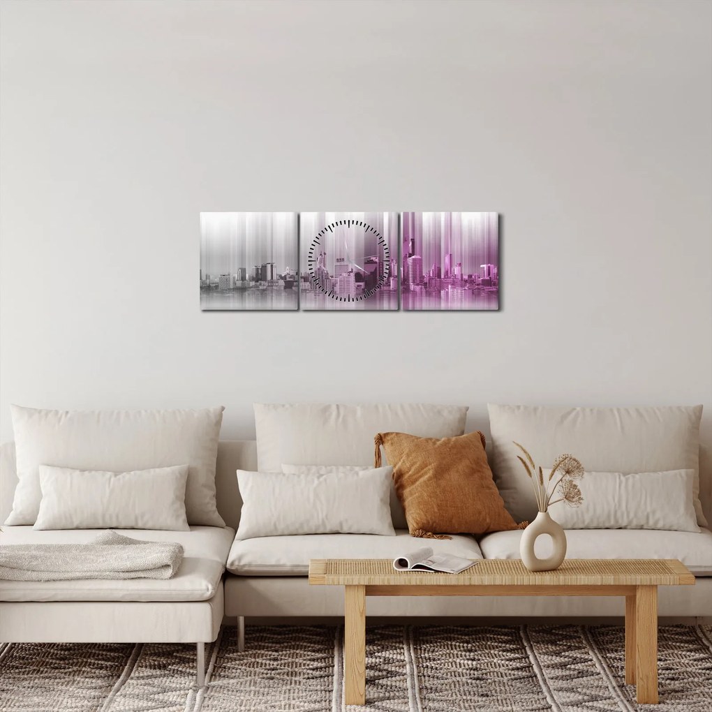 Kép - Panoráma a városra, rózsaszín-szürke (órával) (90x30 cm)