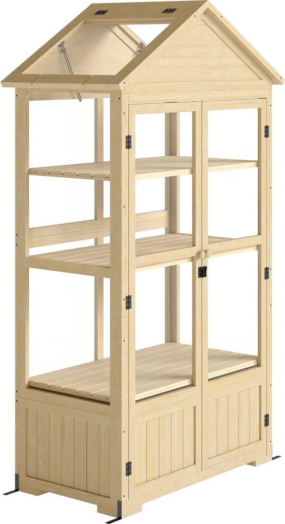 Outsunny Zárható Fa Hidegkeret Üvegház 4 Szinttel, Tetőablakokkal, Két Ajtós Hidegkeret Doboz, Kerthez, Erkélyhez, Természetes, 100x56.5x178 cm | Aoso