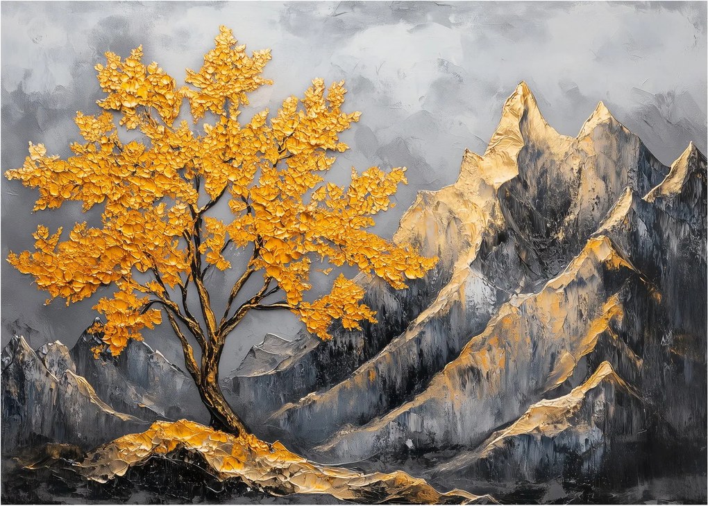 Üveg kép – Arany fa a hegyekben (70x50 cm)