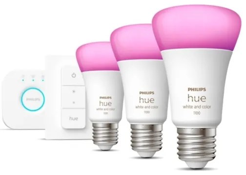 Philips Hue WACA kezdőkészlet – 3× E27/9W, 2000–6500 K + Hue Bridge és fényerőszabályzó kapcsoló
