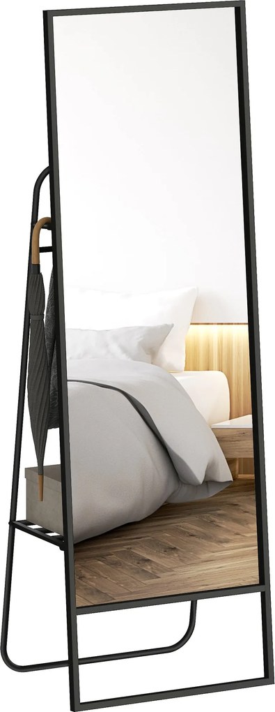 HOMCOM Álló Tükör 157 x 50 cm Téglalap Alakú Polccal, 2 Horoggal, Fém Kerettel, Nagy Tükör, Öltöztető Tükör Hálószobához, Nappalihoz, Előtérhez, Feket