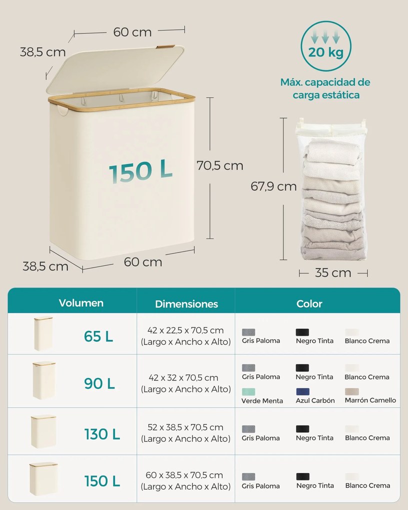 Fedeles mosókosár, 3 részes, 150L, levehető bélés, összecsukható, krémfehér