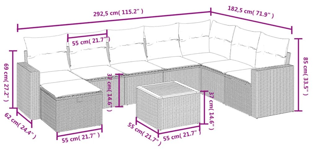 9 részes szürke polyrattan kerti ülőgarnitúra párnákkal