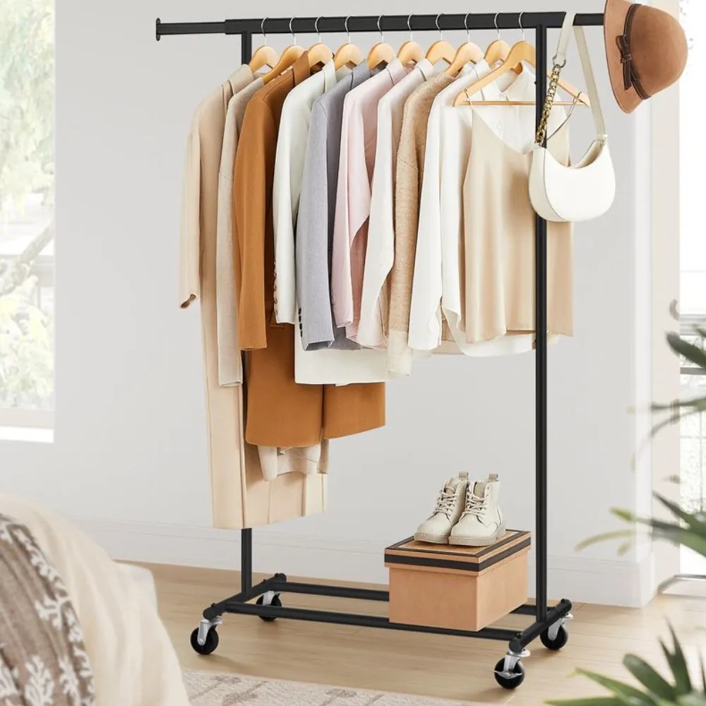 INEZ ruhatartó állvány kerekekkel, max. 90kg, 83,5x45x160cm, fekete SongmicsHome
