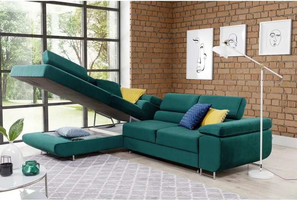 Zöld bársony kinyitható-tárolóhelyes sarokkanapé (bal oldali-L alakú) Anton – ELTAP