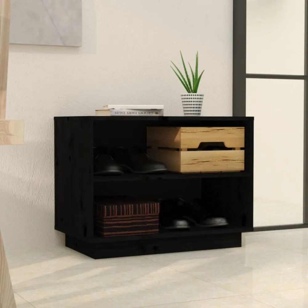 fekete tömör fenyőfa cipősszekrény 60 x 34 x 45 cm