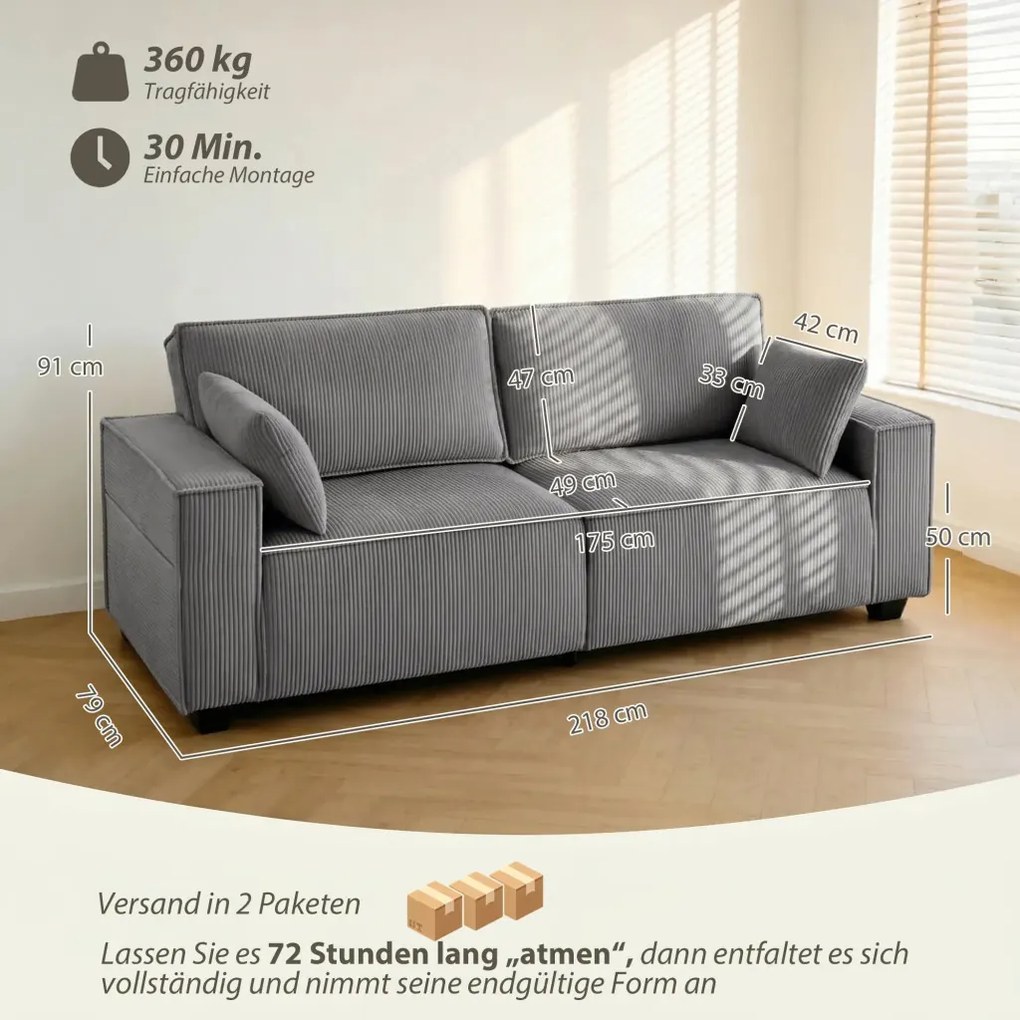 HOMCOM Kanapé 3 személyes, zsákrugós kárpitozással, 2 párnával, 218 x 79 x 91 cm, világosszürke