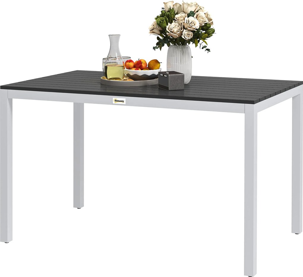 Outsunny Alumínium Kerti Asztal 120x70 cm Időjárásálló Terasz Asztal Fa Hatású, Csúszásmentes Büfé Asztal Kemping Asztal 4-6 Fő Részére, Kerti, Balkon