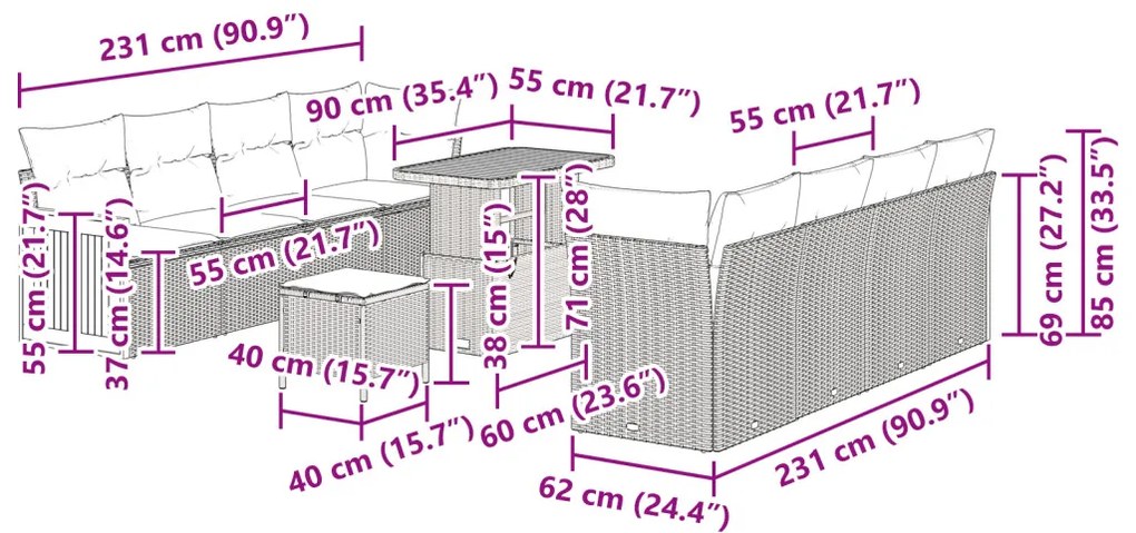 11 Részes Kerti Sofa Szett Párnákkal Bézs Poli Rattan Akáciával