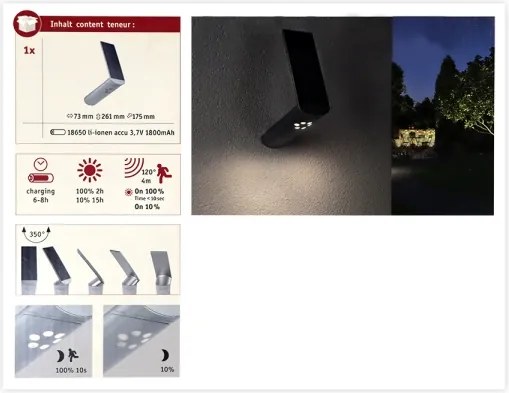 Paulmann 94261 - LED/1,2W IP44 Napelemes érzékelős fali lámpa ILIAS 3,7V