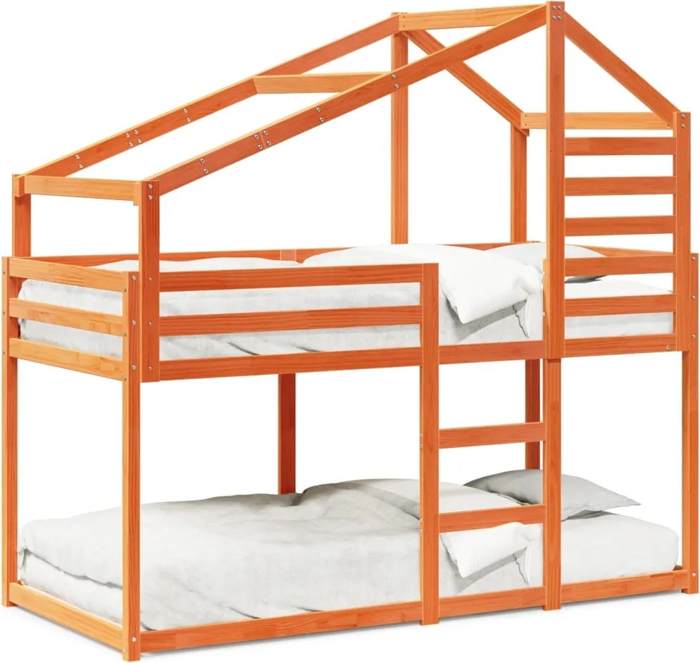 vidaXL viaszbarna tömör fenyőfa ágy emelettel és tetővel 75 x 190 cm