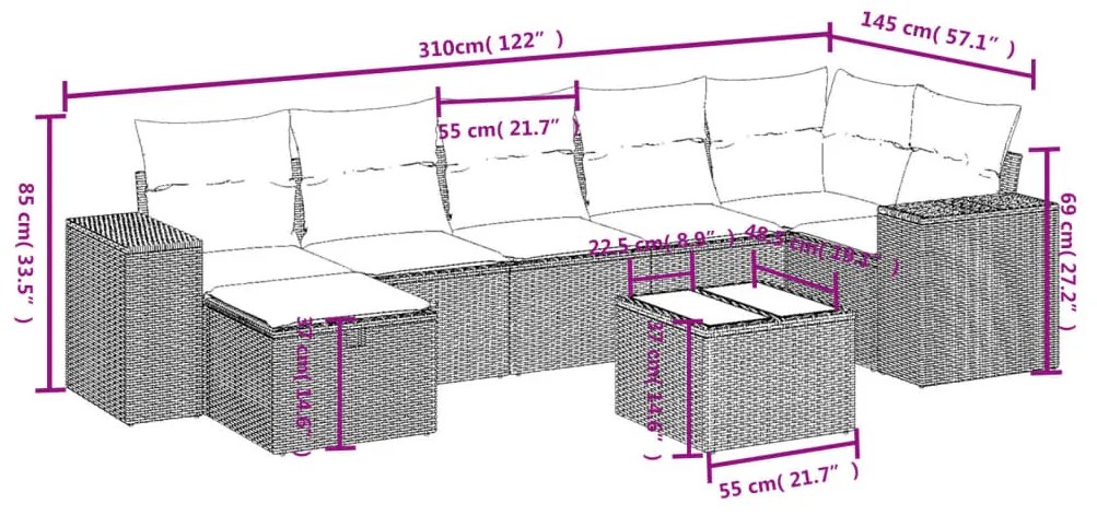 8 részes szürke polyrattan kerti ülőgarnitúra párnákkal