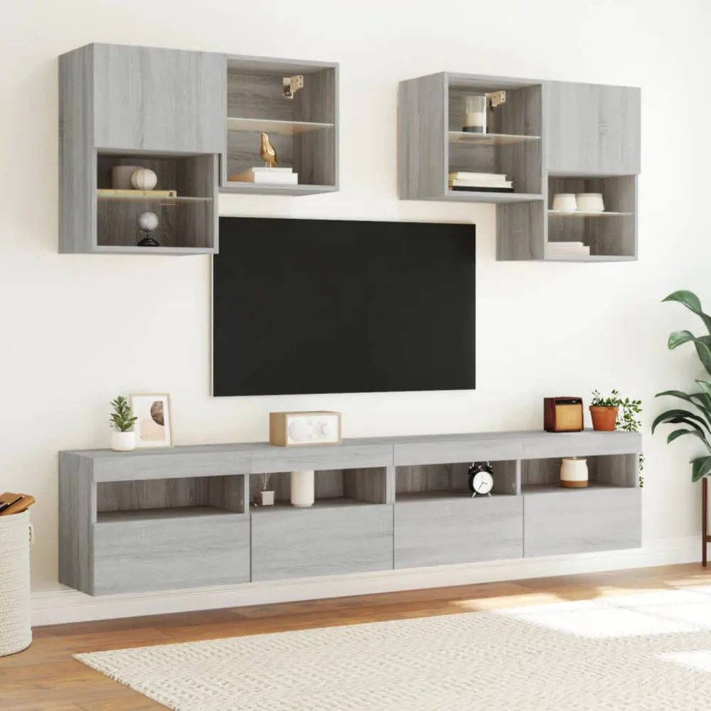 szürke sonoma színű fali TV-szekrény LED-del 100x30x40 cm