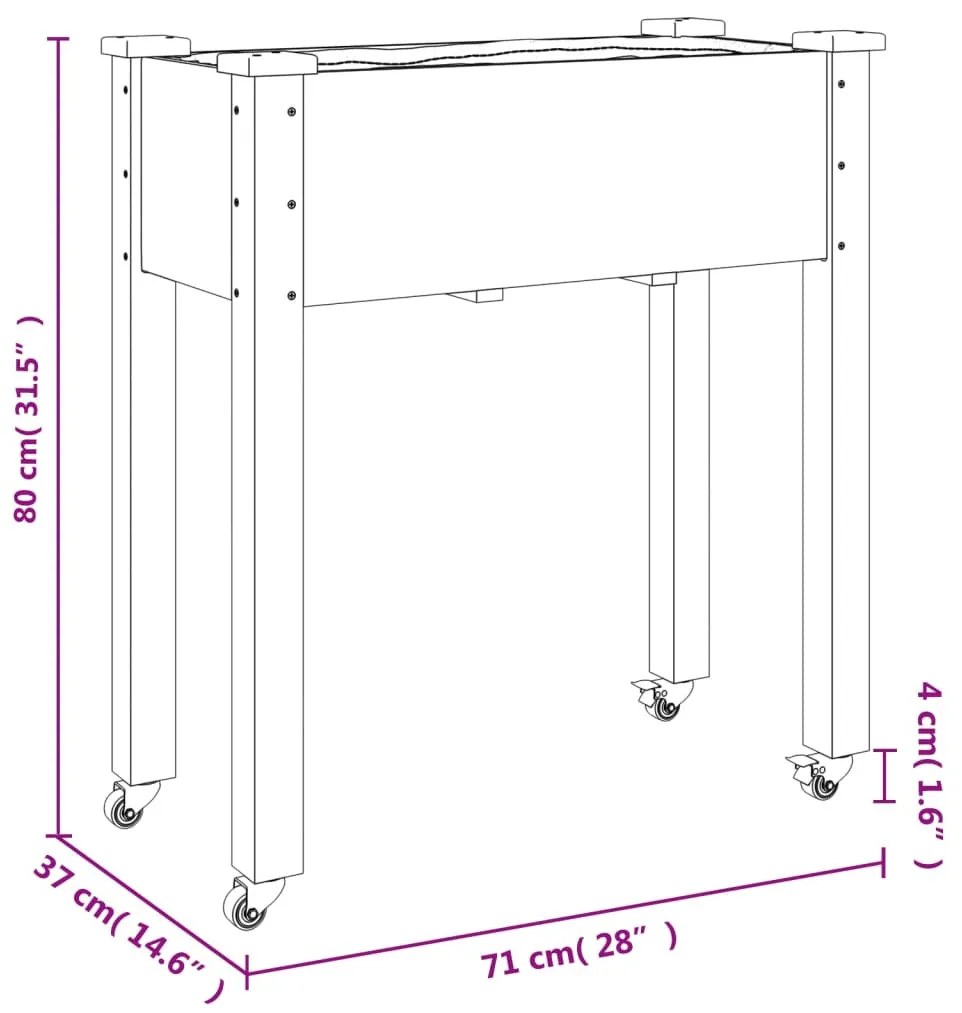 tömör fenyőfa kerekes ültetőláda béléssel 71 x 37 x 80 cm