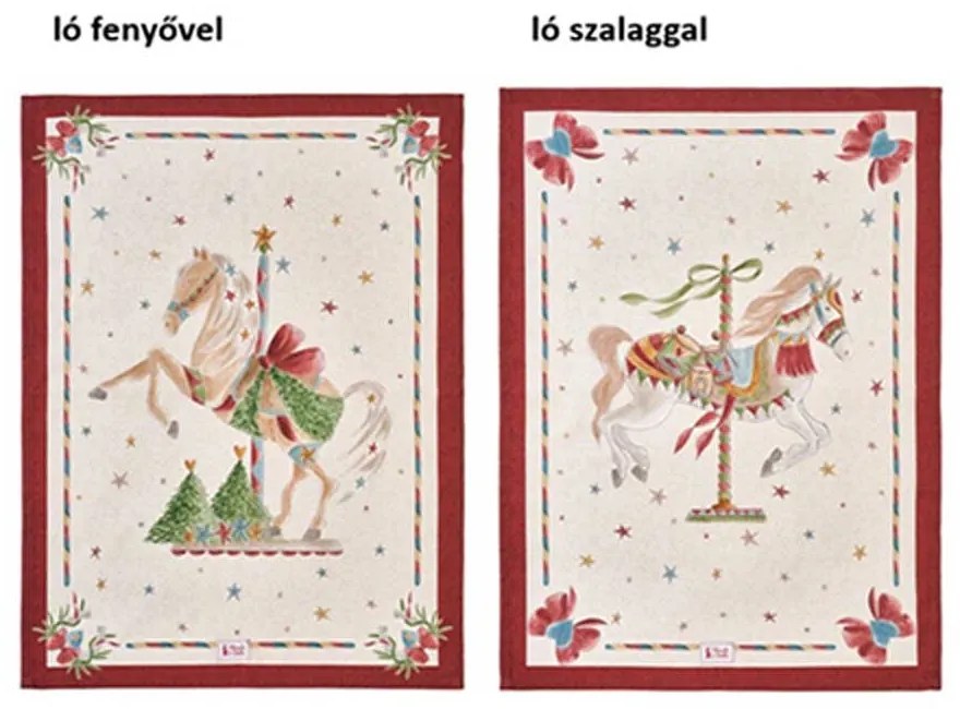 Karácsonyi hintalovas pamut konyharuha 50x70 cm Giostra 2 féle / ló szalaggal