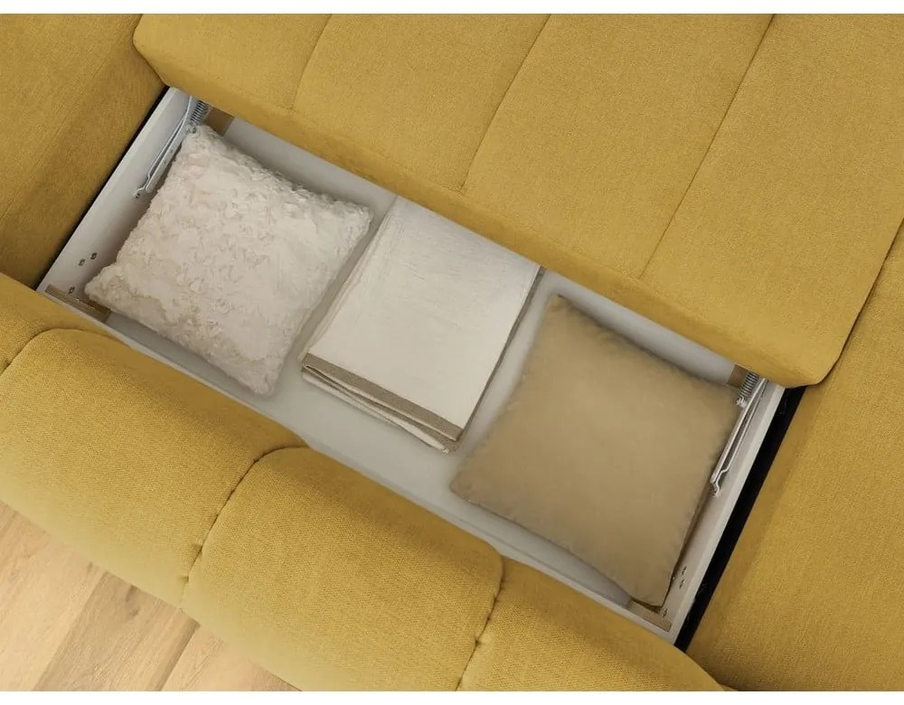 Mustársárga kinyitható-tárolóhelyes sarokkanapé (jobb oldali-U alakú) Fuji – Bobochic Paris