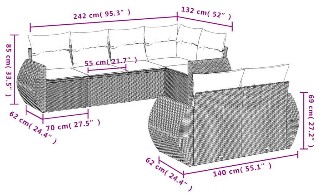 7 részes fekete polyrattan kerti ülőgarnitúra párnával