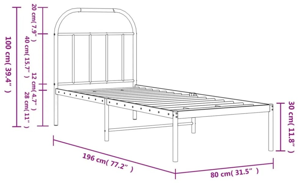 fekete fém ágykeret fejtámlával 75 x 190 cm